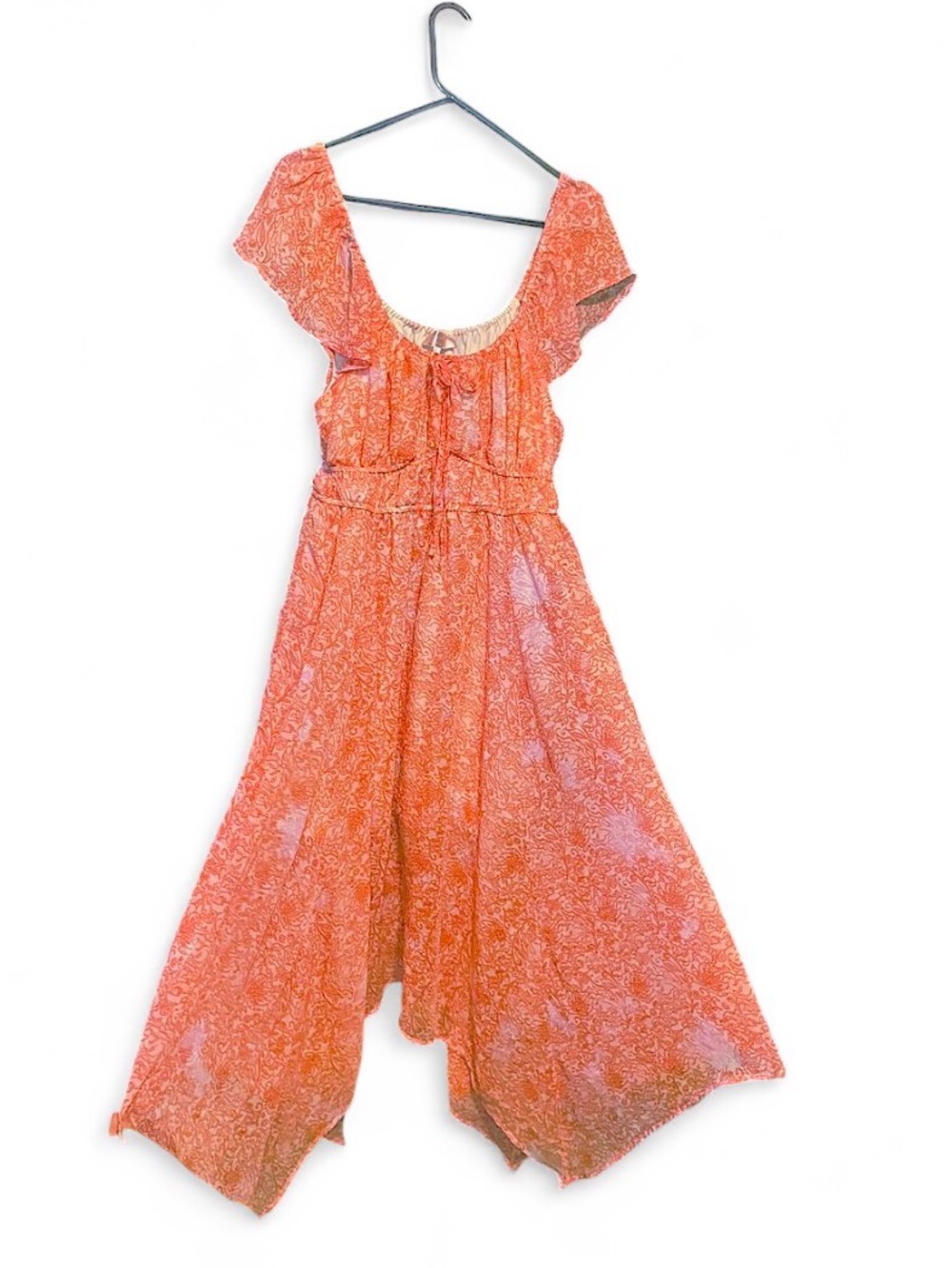 Dizzy Lizzy Coral Orange Paisley Handkerchief Hem Cottagecore Boho Midi Dress XL - Picture 10 of 16